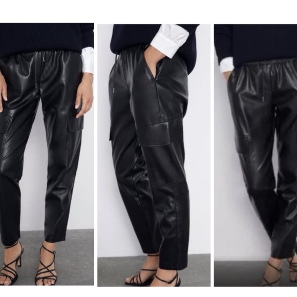 Zara Pants - BLOGGERS FAVE Zara Vegan Black Faux Leather Cargo Pants Size X-Small